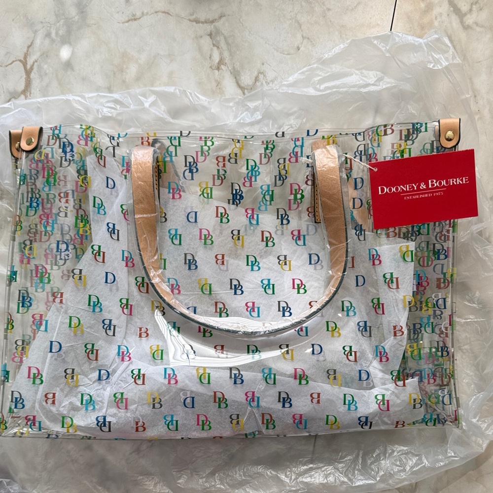 NWT Dooney & Bourke Multicolor DB Monogram Clear Tote with Beige Handles